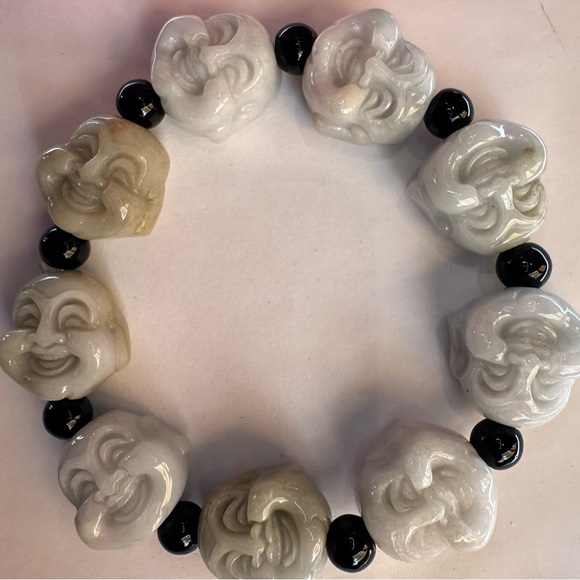 Certified Natural Grade A Myanmar Jade Green Jade Smiling Buddha Men's Bracelet - Picture 7 of 14